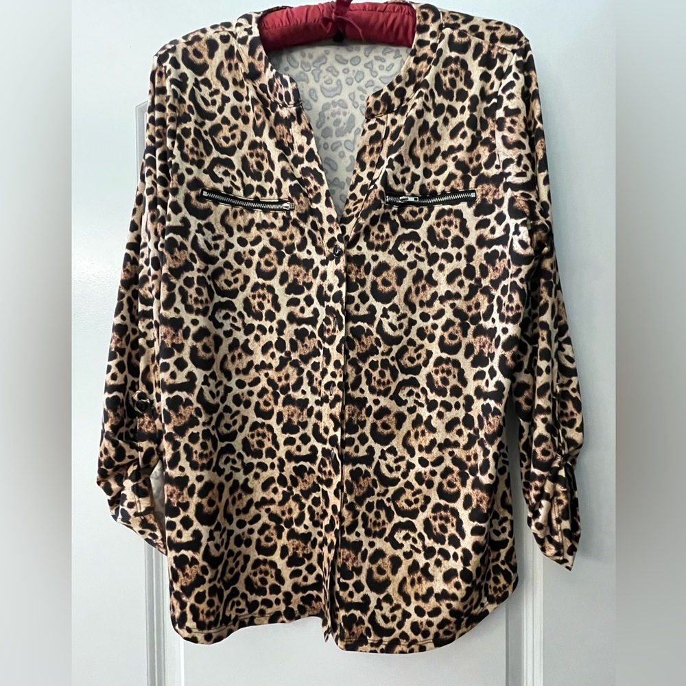 Always Indigo Cheetah print button-front stretch blouse XL